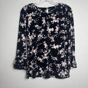 Karl Lagerfeld Yessie Trumpet Sleeve Knit top Black Pink Floral Blouse NWT